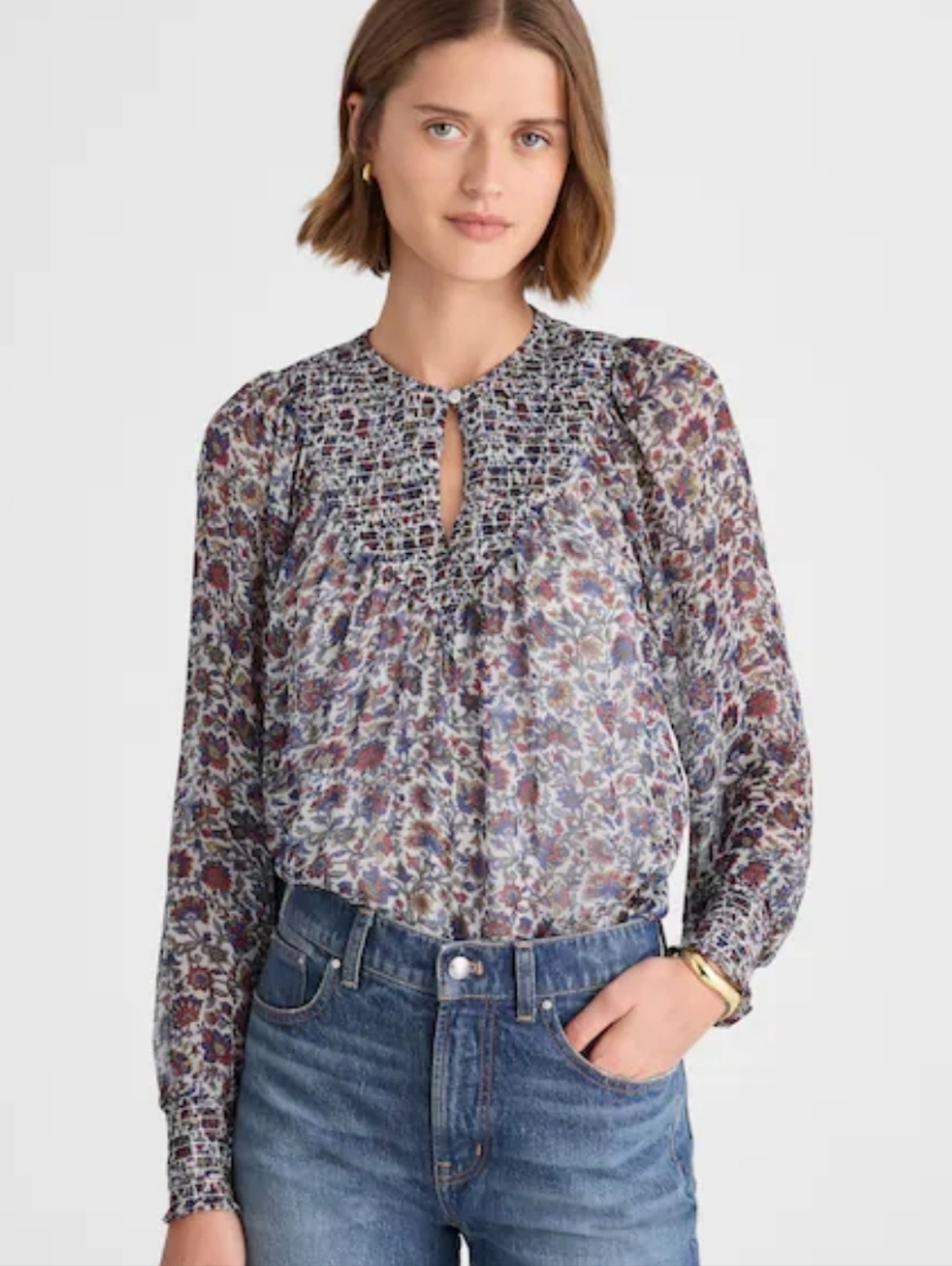 Madewell Smocked Split Crewneck Top S Large Multi Sheer Blouse With Tank NW067